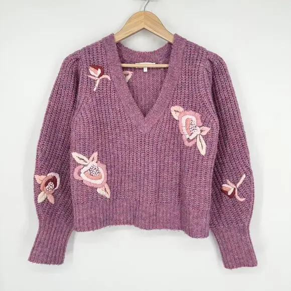 LoveShackFancy Ridge Sweater Floral Embroidered Balloon Sleeve Chunky Knit Berry - Picture 7 of 16